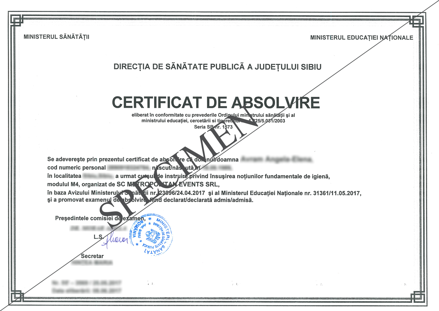 certificat de absolvire curs igiena, diploma